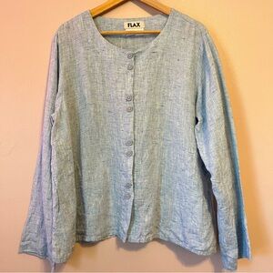 FLAX Linen Medium Carolina Blue Blouse Shirt Long Sleeve Button Front Lagenlook